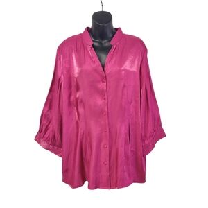 Joanna Wns Plus Size 2X Magenta Pink Button Down Blouse 3/4 Sleeves Rayon Blend